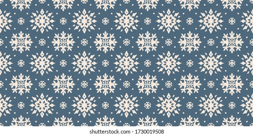 Christmas drawing with snowflakes. The Nordic style. Folk print with flakes. Scandinavian, Portuguese ornament. Spanish porcelain. Oriental damask. Ethnic motif. Ikat geometric folklore background. 