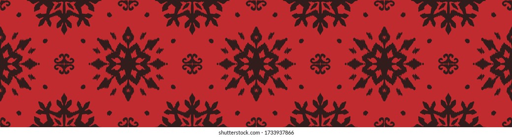 Christmas drawing with snowflakes. The Nordic style. Folk print with flakes. Scandinavian, Portuguese ornament. Spanish porcelain. Oriental damask. Ethnic motif. Ikat geometric folklore background. 