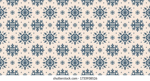 Christmas drawing with snowflakes. The Nordic style. Folk print with flakes. Scandinavian, Portuguese ornament. Spanish porcelain. Oriental damask. Ethnic motif. Ikat geometric folklore background. 