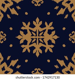 Christmas drawing with snowflakes. The Nordic style. Folk print with flakes. Scandinavian, Portuguese ornament. Spanish porcelain. Oriental damask. Ethnic motif. Ikat geometric folklore background. 