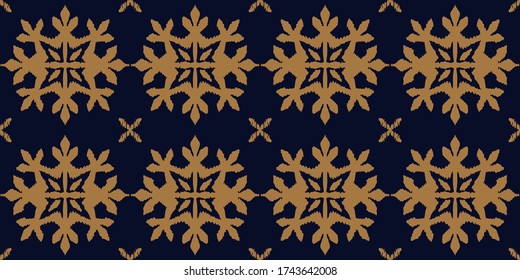 Christmas drawing with snowflakes. The Nordic style. Folk print with flakes. Scandinavian, Portuguese ornament. Spanish porcelain. Oriental damask. Ethnic motif. Ikat geometric folklore background. 