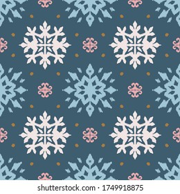 Christmas drawing with snowflakes. The Nordic style. Folk print with flakes. Scandinavian, Portuguese ornament. Spanish porcelain. Oriental damask. Ethnic motif. Ikat geometric folklore background. 