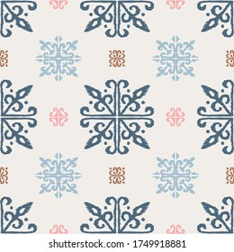 Christmas drawing with snowflakes. The Nordic style. Folk print with flakes. Scandinavian, Portuguese ornament. Spanish porcelain. Oriental damask. Ethnic motif. Ikat geometric folklore background. 