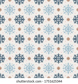 Christmas drawing with snowflakes. The Nordic style. Folk print with flakes. Scandinavian, Portuguese ornament. Spanish porcelain. Oriental damask. Ethnic motif. Ikat geometric folklore background. 