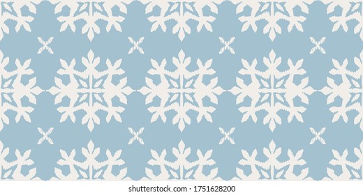 Christmas drawing with snowflakes. The Nordic style. Folk print with flakes. Scandinavian, Portuguese ornament. Spanish porcelain. Oriental damask. Ethnic motif. Ikat geometric folklore background. 
