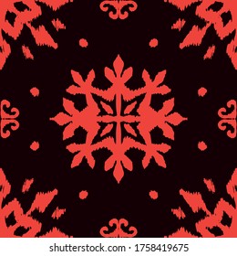 Christmas drawing with snowflakes. The Nordic style. Folk print with flakes. Scandinavian, Portuguese ornament. Spanish porcelain. Oriental damask. Ethnic motif. Ikat geometric folklore background. 