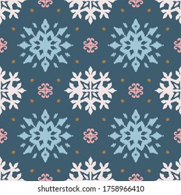 Christmas drawing with snowflakes. The Nordic style. Folk print with flakes. Scandinavian, Portuguese ornament. Spanish porcelain. Oriental damask. Ethnic motif. Ikat geometric folklore background. 