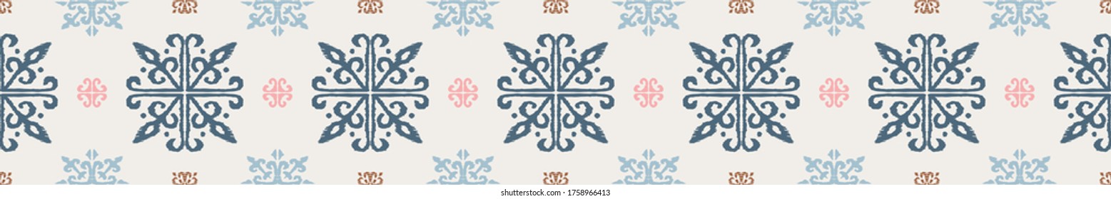 Christmas drawing with snowflakes. The Nordic style. Folk print with flakes. Scandinavian, Portuguese ornament. Spanish porcelain. Oriental damask. Ethnic motif. Ikat geometric folklore background. 