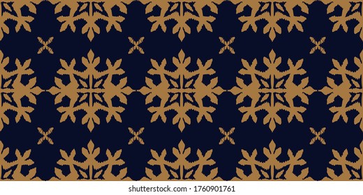 Christmas drawing with snowflakes. The Nordic style. Folk print with flakes. Scandinavian, Portuguese ornament. Spanish porcelain. Oriental damask. Ethnic motif. Ikat geometric folklore background. 