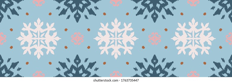 Christmas drawing with snowflakes. The Nordic style. Folk print with flakes. Scandinavian, Portuguese ornament. Spanish porcelain. Oriental damask. Ethnic motif. Ikat geometric folklore background. 