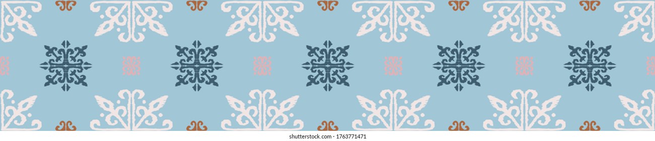 Christmas drawing with snowflakes. The Nordic style. Folk print with flakes. Scandinavian, Portuguese ornament. Spanish porcelain. Oriental damask. Ethnic motif. Ikat geometric folklore background. 