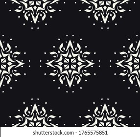 Christmas drawing with snowflakes. The Nordic style. Folk print with flakes. Scandinavian, Portuguese ornament. Spanish porcelain. Oriental damask. Ethnic motif. Ikat geometric folklore background. 