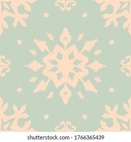 Christmas drawing with snowflakes. The Nordic style. Folk print with flakes. Scandinavian, Portuguese ornament. Spanish porcelain. Oriental damask. Ethnic motif. Ikat geometric folklore background. 