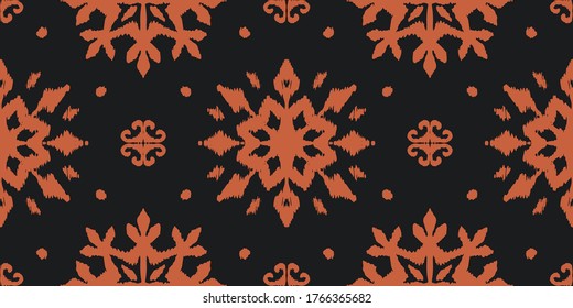 Christmas drawing with snowflakes. The Nordic style. Folk print with flakes. Scandinavian, Portuguese ornament. Spanish porcelain. Oriental damask. Ethnic motif. Ikat geometric folklore background. 