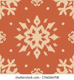 Christmas drawing with snowflakes. The Nordic style. Folk print with flakes. Scandinavian, Portuguese ornament. Spanish porcelain. Oriental damask. Ethnic motif. Ikat geometric folklore background. 