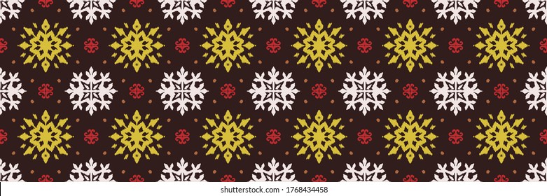 Christmas drawing with snowflakes. The Nordic style. Folk print with flakes. Scandinavian, Portuguese ornament. Spanish porcelain. Oriental damask. Ethnic motif. Ikat geometric folklore background. 