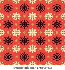 Christmas drawing with snowflakes. The Nordic style. Folk print with flakes. Scandinavian, Portuguese ornament. Spanish porcelain. Oriental damask. Ethnic motif. Ikat geometric folklore background. 