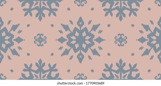 Christmas drawing with snowflakes. The Nordic style. Folk print with flakes. Scandinavian, Portuguese ornament. Spanish porcelain. Oriental damask. Ethnic motif. Ikat geometric folklore background. 