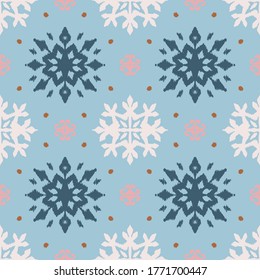 Christmas drawing with snowflakes. The Nordic style. Folk print with flakes. Scandinavian, Portuguese ornament. Spanish porcelain. Oriental damask. Ethnic motif. Ikat geometric folklore background. 