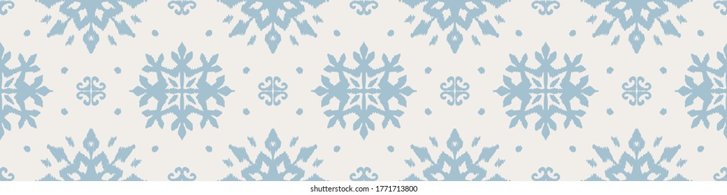 Christmas drawing with snowflakes. The Nordic style. Folk print with flakes. Scandinavian, Portuguese ornament. Spanish porcelain. Oriental damask. Ethnic motif. Ikat geometric folklore background. 