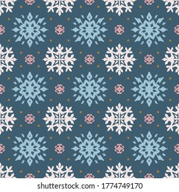 Christmas drawing with snowflakes. The Nordic style. Folk print with flakes. Scandinavian, Portuguese ornament. Spanish porcelain. Oriental damask. Ethnic motif. Ikat geometric folklore background. 