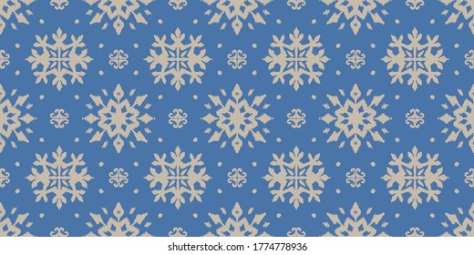 Christmas drawing with snowflakes. The Nordic style. Folk print with flakes. Scandinavian, Portuguese ornament. Spanish porcelain. Oriental damask. Ethnic motif. Ikat geometric folklore background. 