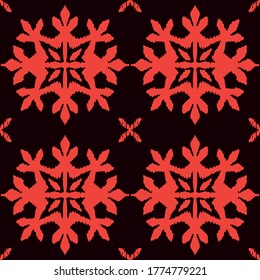 Christmas drawing with snowflakes. The Nordic style. Folk print with flakes. Scandinavian, Portuguese ornament. Spanish porcelain. Oriental damask. Ethnic motif. Ikat geometric folklore background. 