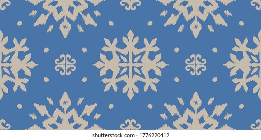 Christmas drawing with snowflakes. The Nordic style. Folk print with flakes. Scandinavian, Portuguese ornament. Spanish porcelain. Oriental damask. Ethnic motif. Ikat geometric folklore background. 