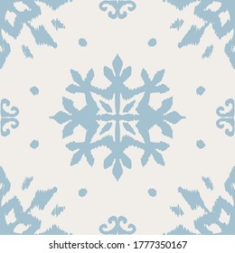 Christmas drawing with snowflakes. The Nordic style. Folk print with flakes. Scandinavian, Portuguese ornament. Spanish porcelain. Oriental damask. Ethnic motif. Ikat geometric folklore background. 