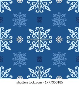 Christmas drawing with snowflakes. The Nordic style. Folk print with flakes. Scandinavian, Portuguese ornament. Spanish porcelain. Oriental damask. Ethnic motif. Ikat geometric folklore background. 