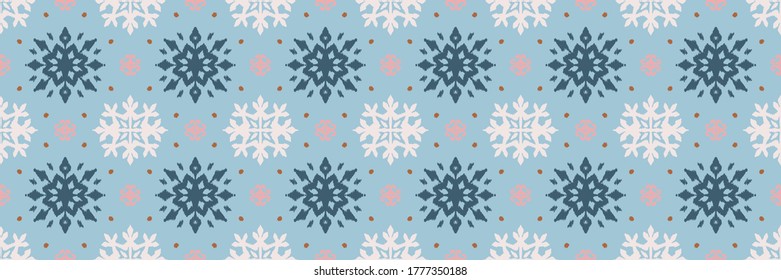Christmas drawing with snowflakes. The Nordic style. Folk print with flakes. Scandinavian, Portuguese ornament. Spanish porcelain. Oriental damask. Ethnic motif. Ikat geometric folklore background. 