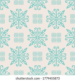 Christmas drawing with snowflakes. The Nordic style. Folk print with flakes. Scandinavian, Portuguese ornament. Spanish porcelain. Oriental damask. Ethnic motif. Ikat geometric folklore background. 