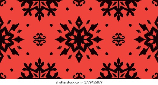 Christmas drawing with snowflakes. The Nordic style. Folk print with flakes. Scandinavian, Portuguese ornament. Spanish porcelain. Oriental damask. Ethnic motif. Ikat geometric folklore background. 