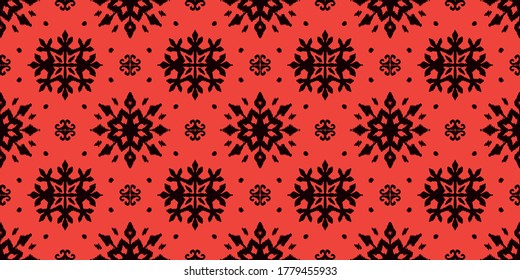 Christmas drawing with snowflakes. The Nordic style. Folk print with flakes. Scandinavian, Portuguese ornament. Spanish porcelain. Oriental damask. Ethnic motif. Ikat geometric folklore background. 