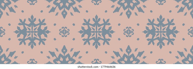 Christmas drawing with snowflakes. The Nordic style. Folk print with flakes. Scandinavian, Portuguese ornament. Spanish porcelain. Oriental damask. Ethnic motif. Ikat geometric folklore background. 