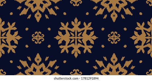 Christmas drawing with snowflakes. The Nordic style. Folk print with flakes. Scandinavian, Portuguese ornament. Spanish porcelain. Oriental damask. Ethnic motif. Ikat geometric folklore background. 