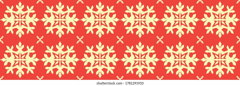 Christmas drawing with snowflakes. The Nordic style. Folk print with flakes. Scandinavian, Portuguese ornament. Spanish porcelain. Oriental damask. Ethnic motif. Ikat geometric folklore background. 