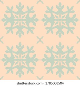Christmas drawing with snowflakes. The Nordic style. Folk print with flakes. Scandinavian, Portuguese ornament. Spanish porcelain. Oriental damask. Ethnic motif. Ikat geometric folklore background. 