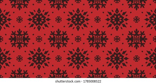 Christmas drawing with snowflakes. The Nordic style. Folk print with flakes. Scandinavian, Portuguese ornament. Spanish porcelain. Oriental damask. Ethnic motif. Ikat geometric folklore background. 
