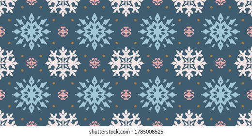 Christmas drawing with snowflakes. The Nordic style. Folk print with flakes. Scandinavian, Portuguese ornament. Spanish porcelain. Oriental damask. Ethnic motif. Ikat geometric folklore background. 