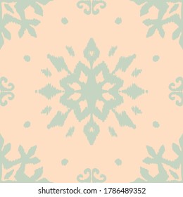 Christmas drawing with snowflakes. The Nordic style. Folk print with flakes. Scandinavian, Portuguese ornament. Spanish porcelain. Oriental damask. Ethnic motif. Ikat geometric folklore background. 