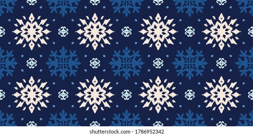 Christmas drawing with snowflakes. The Nordic style. Folk print with flakes. Scandinavian, Portuguese ornament. Spanish porcelain. Oriental damask. Ethnic motif. Ikat geometric folklore background. 