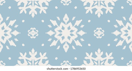 Christmas drawing with snowflakes. The Nordic style. Folk print with flakes. Scandinavian, Portuguese ornament. Spanish porcelain. Oriental damask. Ethnic motif. Ikat geometric folklore background. 