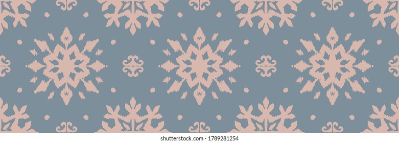 Christmas drawing with snowflakes. The Nordic style. Folk print with flakes. Scandinavian, Portuguese ornament. Spanish porcelain. Oriental damask. Ethnic motif. Ikat geometric folklore background. 