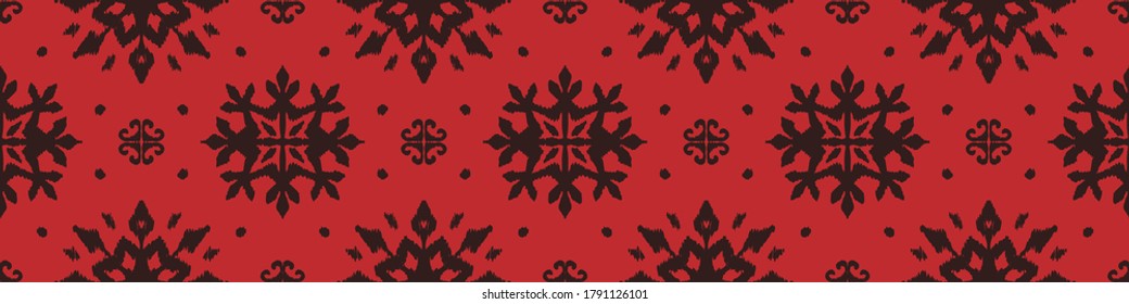 Christmas drawing with snowflakes. The Nordic style. Folk print with flakes. Scandinavian, Portuguese ornament. Spanish porcelain. Oriental damask. Ethnic motif. Ikat geometric folklore background. 