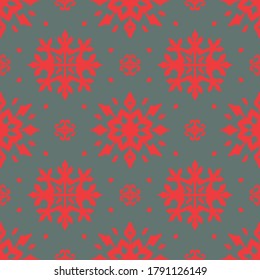 Christmas drawing with snowflakes. The Nordic style. Folk print with flakes. Scandinavian, Portuguese ornament. Spanish porcelain. Oriental damask. Ethnic motif. Ikat geometric folklore background. 