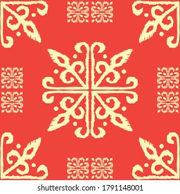 Christmas drawing with snowflakes. The Nordic style. Folk print with flakes. Scandinavian, Portuguese ornament. Spanish porcelain. Oriental damask. Ethnic motif. Ikat geometric folklore background. 