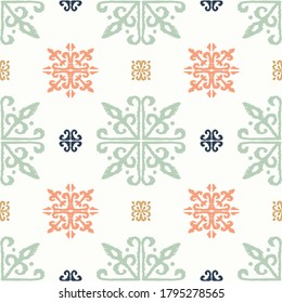 Christmas drawing with snowflakes. The Nordic style. Folk print with flakes. Scandinavian, Portuguese ornament. Spanish porcelain. Oriental damask. Ethnic motif. Ikat geometric folklore background. 