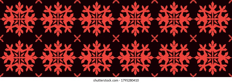 Christmas drawing with snowflakes. The Nordic style. Folk print with flakes. Scandinavian, Portuguese ornament. Spanish porcelain. Oriental damask. Ethnic motif. Ikat geometric folklore background. 