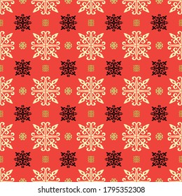 Christmas drawing with snowflakes. The Nordic style. Folk print with flakes. Scandinavian, Portuguese ornament. Spanish porcelain. Oriental damask. Ethnic motif. Ikat geometric folklore background. 